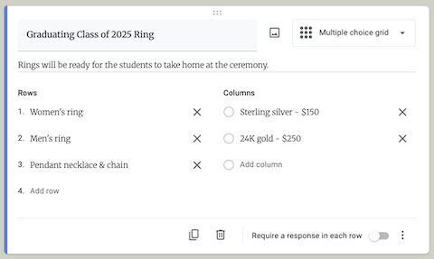 Example of a multiple choice grid question on a class ring order form.